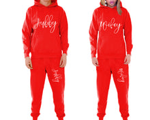 Load image into Gallery viewer, Hubby and Wifey matching top and bottom set, Red pullover hoodie and sweatpants sets for mens, pullover hoodie and jogger set womens. Matching couple joggers.