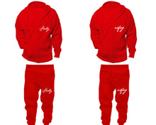 Load image into Gallery viewer, Hubby and Wifey zipper hoodies, Matching couple hoodies, Red zip up hoodie for man, Red zip up hoodie womens, Red jogger pants for man and woman.