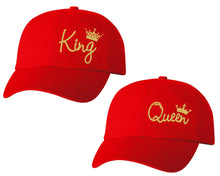 Load image into Gallery viewer, King and Queen matching caps for couples, Red baseball caps.Gold Glitter color Vinyl Design