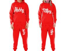Load image into Gallery viewer, Hubby and Wifey matching top and bottom set, Red pullover hoodie and sweatpants sets for mens, pullover hoodie and jogger set womens. Matching couple joggers.