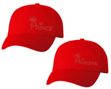 Load image into Gallery viewer, Prince and Princess matching caps for couples, Red baseball caps.Red Glitter color Vinyl Design