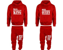 Load image into Gallery viewer, Her King and His Queen matching top and bottom set, Red pullover hoodie and sweatpants sets for mens, pullover hoodie and jogger set womens. Matching couple joggers.
