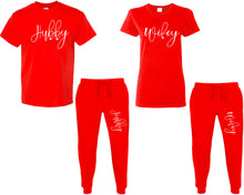 將圖片載入圖庫檢視器 Hubby and Wifey shirts and jogger pants, matching top and bottom set, Red t shirts, men joggers, shirt and jogger pants women. Matching couple joggers