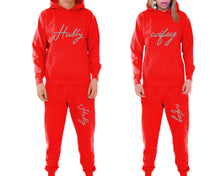 將圖片載入圖庫檢視器 Hubby and Wifey matching top and bottom set, Red pullover hoodie and sweatpants sets for mens, pullover hoodie and jogger set womens. Matching couple joggers.