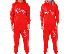 Load image into Gallery viewer, Hubby and Wifey matching top and bottom set, Red pullover hoodie and sweatpants sets for mens, pullover hoodie and jogger set womens. Matching couple joggers.