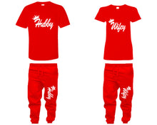 Load image into Gallery viewer, Hubby and Wifey shirts and jogger pants, matching top and bottom set, Red t shirts, men joggers, shirt and jogger pants women. Matching couple joggers