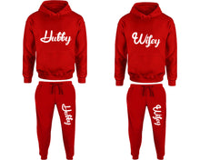 Load image into Gallery viewer, Hubby and Wifey matching top and bottom set, Red pullover hoodie and sweatpants sets for mens, pullover hoodie and jogger set womens. Matching couple joggers.