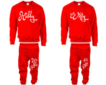 將圖片載入圖庫檢視器 Hubby and Wifey top and bottom sets. Red sweatshirt and sweatpants set for men, sweater and jogger pants for women.
