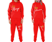 將圖片載入圖庫檢視器 King and Queen matching top and bottom set, Red pullover hoodie and sweatpants sets for mens, pullover hoodie and jogger set womens. Matching couple joggers.