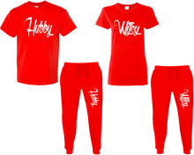 Load image into Gallery viewer, Hubby and Wifey shirts and jogger pants, matching top and bottom set, Red t shirts, men joggers, shirt and jogger pants women. Matching couple joggers