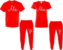 Load image into Gallery viewer, Mr and Mrs shirts and jogger pants, matching top and bottom set, Red t shirts, men joggers, shirt and jogger pants women. Matching couple joggers