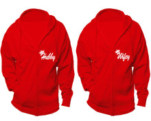 Load image into Gallery viewer, Hubby and Wifey zipper hoodies, Matching couple hoodies, Red zip up hoodie for man, Red zip up hoodie womens