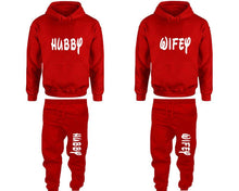 Load image into Gallery viewer, Hubby and Wifey matching top and bottom set, Red pullover hoodie and sweatpants sets for mens, pullover hoodie and jogger set womens. Matching couple joggers.