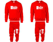 將圖片載入圖庫檢視器 Hubby and Wifey top and bottom sets. Red sweatshirt and sweatpants set for men, sweater and jogger pants for women.