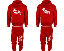 Load image into Gallery viewer, Hubby and Wifey matching top and bottom set, Red pullover hoodie and sweatpants sets for mens, pullover hoodie and jogger set womens. Matching couple joggers.