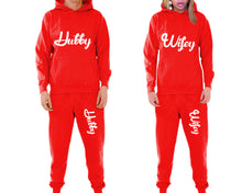Load image into Gallery viewer, Hubby and Wifey matching top and bottom set, Red pullover hoodie and sweatpants sets for mens, pullover hoodie and jogger set womens. Matching couple joggers.