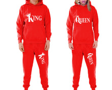 將圖片載入圖庫檢視器 King and Queen matching top and bottom set, Red pullover hoodie and sweatpants sets for mens, pullover hoodie and jogger set womens. Matching couple joggers.