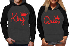 Load image into Gallery viewer, King and Queen raglan hoodies, Matching couple hoodies, Red King Queen design on man and woman hoodies