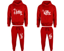 Load image into Gallery viewer, Hubby and Wifey matching top and bottom set, Red pullover hoodie and sweatpants sets for mens, pullover hoodie and jogger set womens. Matching couple joggers.