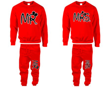 Load image into Gallery viewer, Mr Mrs top and bottom sets. Red sweatshirt and sweatpants set for men, sweater and jogger pants for women.