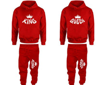 將圖片載入圖庫檢視器 King and Queen matching top and bottom set, Red pullover hoodie and sweatpants sets for mens, pullover hoodie and jogger set womens. Matching couple joggers.