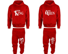 Load image into Gallery viewer, Her King and His Queen matching top and bottom set, Red pullover hoodie and sweatpants sets for mens, pullover hoodie and jogger set womens. Matching couple joggers.