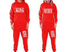 將圖片載入圖庫檢視器 King and Queen matching top and bottom set, Red pullover hoodie and sweatpants sets for mens, pullover hoodie and jogger set womens. Matching couple joggers.