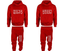 將圖片載入圖庫檢視器 King and Queen matching top and bottom set, Red pullover hoodie and sweatpants sets for mens, pullover hoodie and jogger set womens. Matching couple joggers.