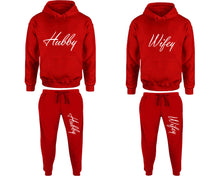 Load image into Gallery viewer, Hubby and Wifey matching top and bottom set, Red pullover hoodie and sweatpants sets for mens, pullover hoodie and jogger set womens. Matching couple joggers.