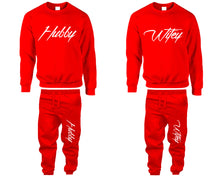 將圖片載入圖庫檢視器 Hubby and Wifey top and bottom sets. Red sweatshirt and sweatpants set for men, sweater and jogger pants for women.