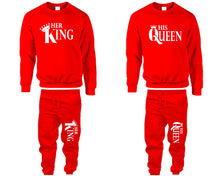 將圖片載入圖庫檢視器 Her King and His Queen top and bottom sets. Red sweatshirt and sweatpants set for men, sweater and jogger pants for women.
