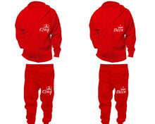 Load image into Gallery viewer, King and Queen zipper hoodies, Matching couple hoodies, Red zip up hoodie for man, Red zip up hoodie womens, Red jogger pants for man and woman.