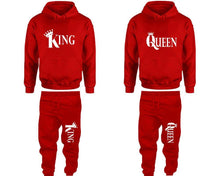 將圖片載入圖庫檢視器 King and Queen matching top and bottom set, Red pullover hoodie and sweatpants sets for mens, pullover hoodie and jogger set womens. Matching couple joggers.
