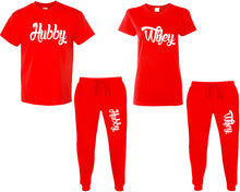 Load image into Gallery viewer, Hubby and Wifey shirts and jogger pants, matching top and bottom set, Red t shirts, men joggers, shirt and jogger pants women. Matching couple joggers