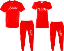 Load image into Gallery viewer, Hubby and Wifey shirts and jogger pants, matching top and bottom set, Red t shirts, men joggers, shirt and jogger pants women. Matching couple joggers