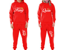 將圖片載入圖庫檢視器 King and Queen matching top and bottom set, Red pullover hoodie and sweatpants sets for mens, pullover hoodie and jogger set womens. Matching couple joggers.