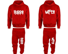Load image into Gallery viewer, Hubby and Wifey matching top and bottom set, Red pullover hoodie and sweatpants sets for mens, pullover hoodie and jogger set womens. Matching couple joggers.