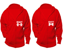 Load image into Gallery viewer, Beast and Beauty zipper hoodies, Matching couple hoodies, Red zip up hoodie for man, Red zip up hoodie womens