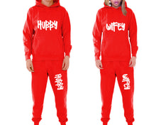 將圖片載入圖庫檢視器 Hubby and Wifey matching top and bottom set, Red pullover hoodie and sweatpants sets for mens, pullover hoodie and jogger set womens. Matching couple joggers.