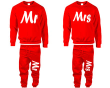 Load image into Gallery viewer, Mr and Mrs top and bottom sets. Red sweatshirt and sweatpants set for men, sweater and jogger pants for women.