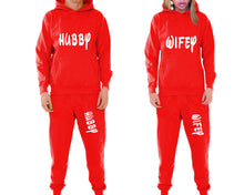 將圖片載入圖庫檢視器 Hubby and Wifey matching top and bottom set, Red pullover hoodie and sweatpants sets for mens, pullover hoodie and jogger set womens. Matching couple joggers.