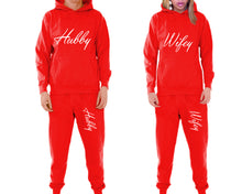 Load image into Gallery viewer, Hubby and Wifey matching top and bottom set, Red pullover hoodie and sweatpants sets for mens, pullover hoodie and jogger set womens. Matching couple joggers.
