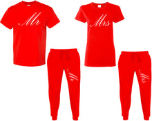 Load image into Gallery viewer, Mr and Mrs shirts and jogger pants, matching top and bottom set, Red t shirts, men joggers, shirt and jogger pants women. Matching couple joggers