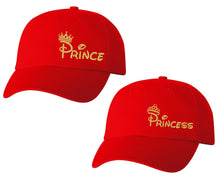 Load image into Gallery viewer, Prince and Princess matching caps for couples, Red baseball caps.Gold Glitter color Vinyl Design