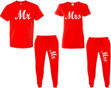 Load image into Gallery viewer, Mr and Mrs shirts and jogger pants, matching top and bottom set, Red t shirts, men joggers, shirt and jogger pants women. Matching couple joggers