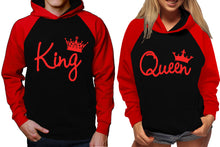 Load image into Gallery viewer, King and Queen raglan hoodies, Matching couple hoodies, Red King Queen design on man and woman hoodies