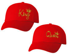 Load image into Gallery viewer, King and Queen matching caps for couples, Red baseball caps.Gold Foil color Vinyl Design