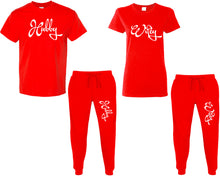 Load image into Gallery viewer, Hubby and Wifey shirts and jogger pants, matching top and bottom set, Red t shirts, men joggers, shirt and jogger pants women. Matching couple joggers