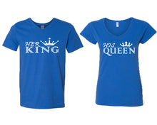 Load image into Gallery viewer, Her King and His Queen matching couple v-neck shirts.Couple shirts, Royal Blue v neck t shirts for men, v neck t shirts women. Couple matching shirts.