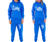 Load image into Gallery viewer, Hubby and Wifey matching top and bottom set, Royal Blue pullover hoodie and sweatpants sets for mens, pullover hoodie and jogger set womens. Matching couple joggers.